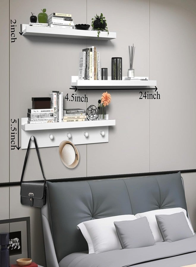 MBYD Picture Shelf Ledge, 24 Inch Floating Shelves for Wall, Nursery Book Shelves with Hooks Set of 3, Floating Shelf Wall Mounted for Bathroom, Kids Room, Living Room, Kitchen Bedroom White - Image 4